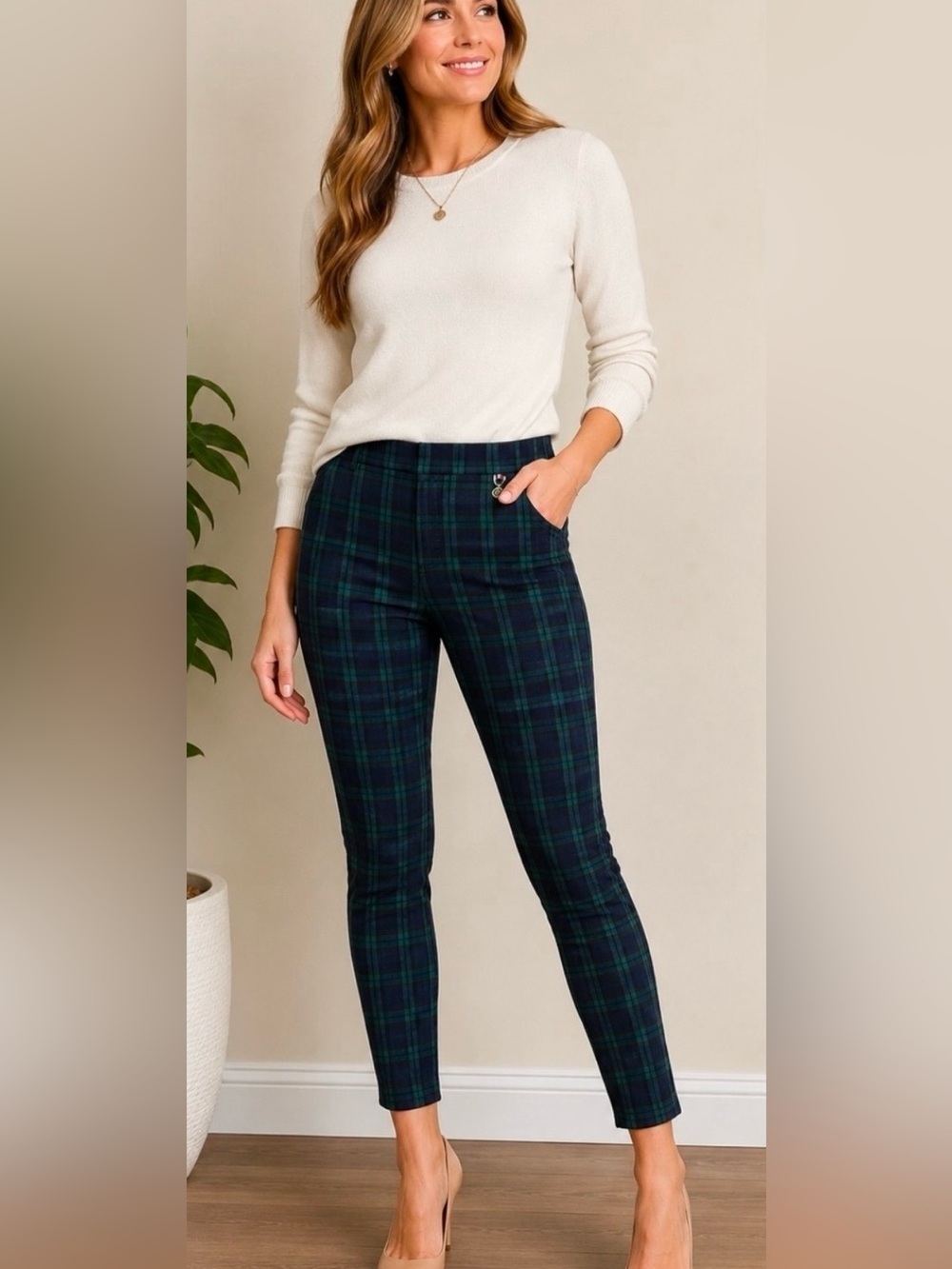 NWT Tommy Hilfiger Plaid Tartan Trousers Pants Blue Green Ankle Stretch